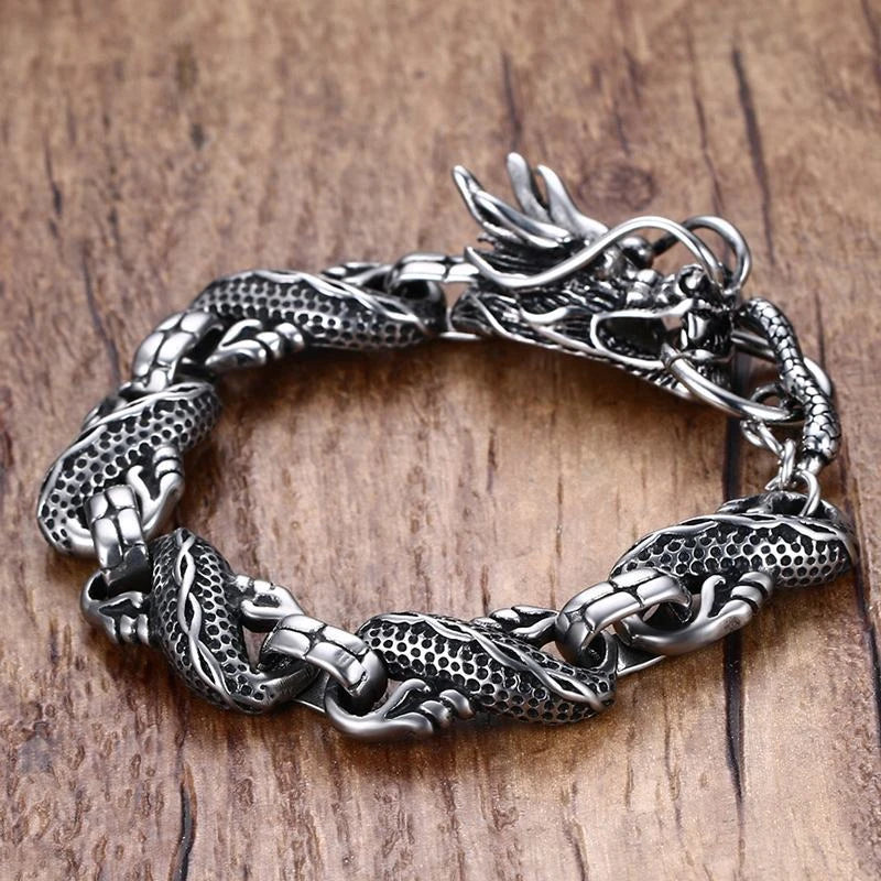 Ethnic Wind Dragon Bracelet – Vintage Silver-Plated Dragon Cuff Bangle for Men