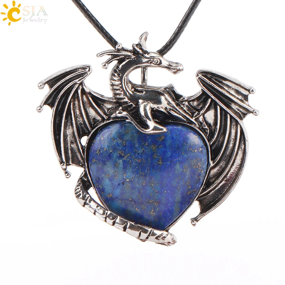 CSJA Double Dragon Necklace – Natural Stone Heart Crystal Pendant Amulet for Men & Women | Halloween Jewelry Gift H238 - Image 21