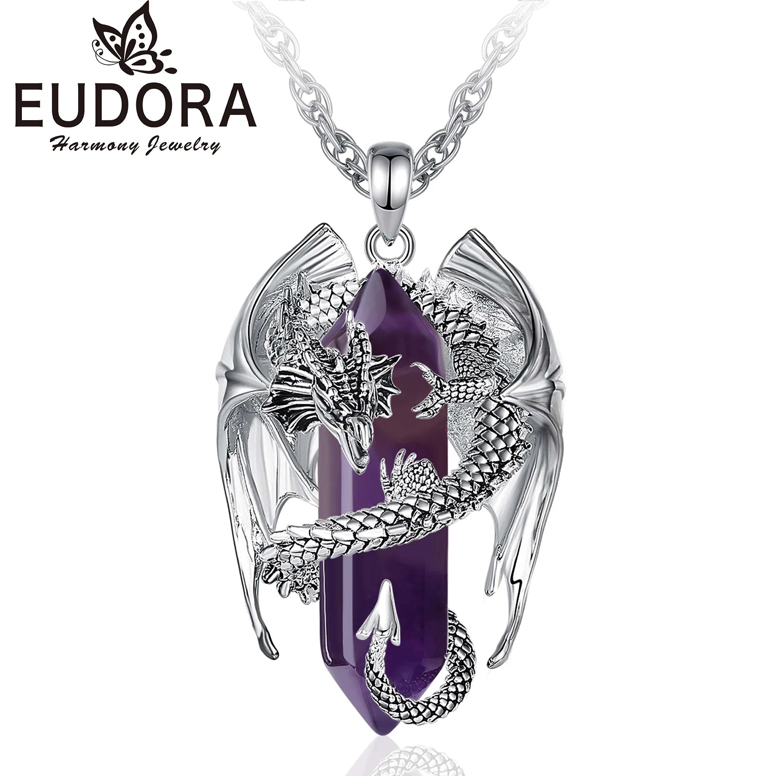 Eudora Dragon Twining Hexagonal Amethyst Necklace – Punk Healing Stone Pendant Jewelry Gift for Men