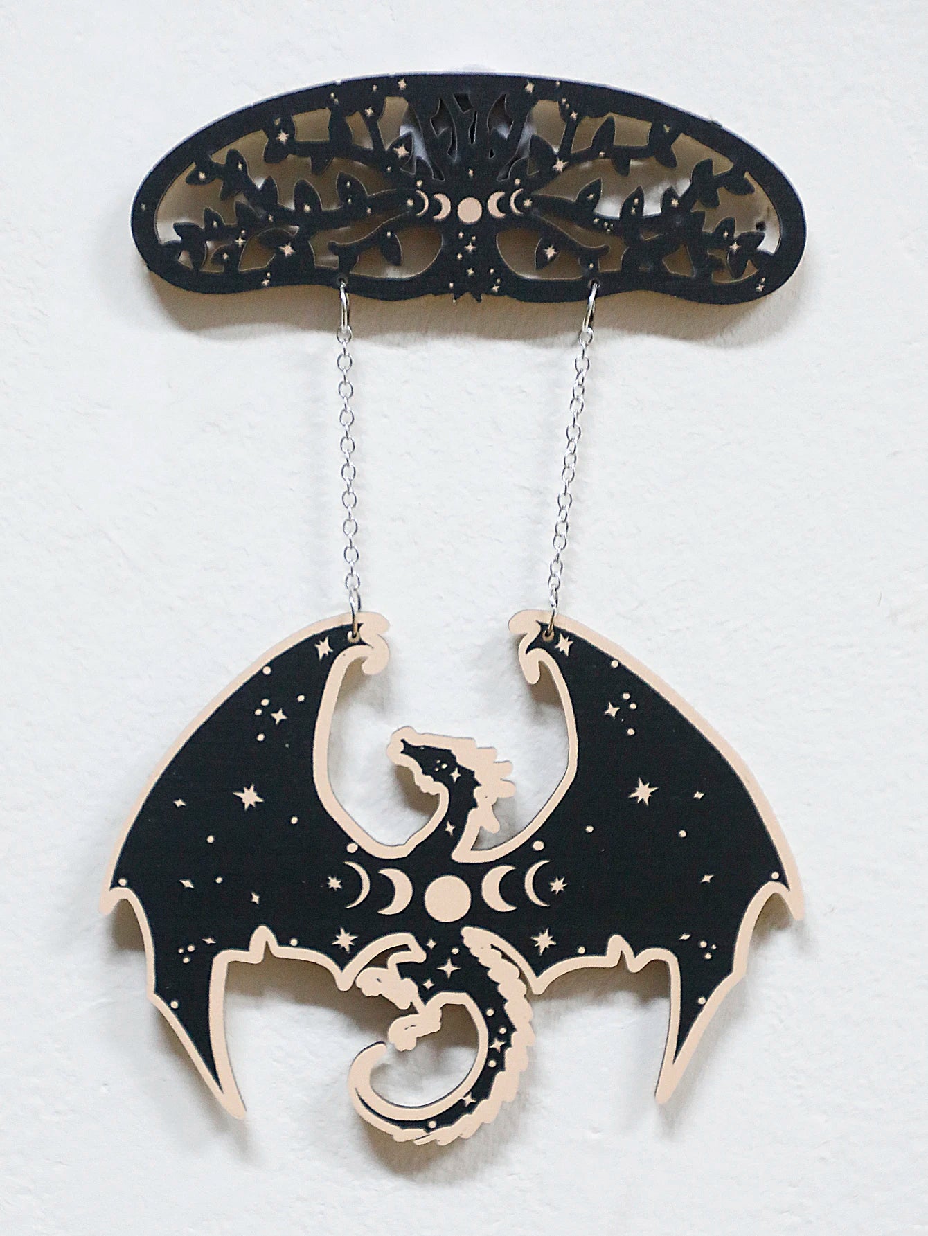 Black Wooden Dragon Mobile with Crescent Moon Phases
