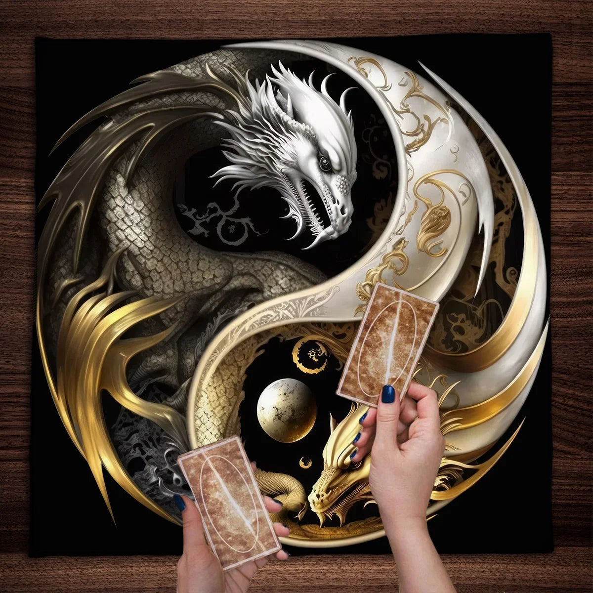 Chinese Dragon Tarot Card Tablecloth Tapestry – Black Moon & Starry Sky Dragons Wicca Altar Cloth - Image 7
