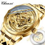 CHENXI 8899 Chinese Nation Culture & Art Watch – 3D Embossed Dragon Pattern Gold Automatic Mechanical Stainless Steel Men’s Watch