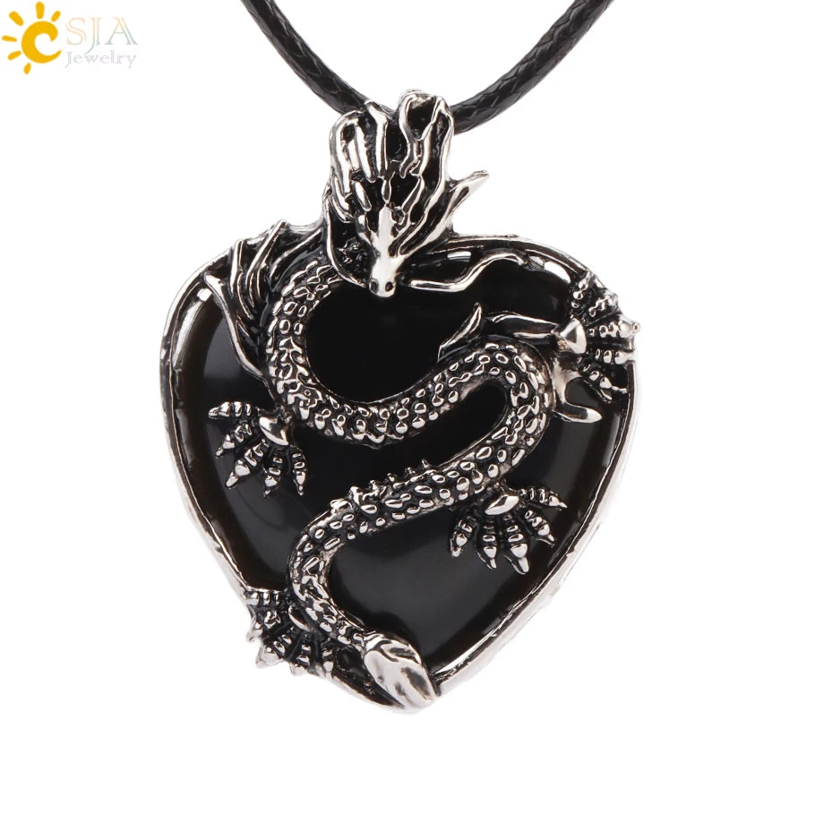 CSJA Double Dragon Necklace – Natural Stone Heart Crystal Pendant Amulet for Men & Women | Halloween Jewelry Gift H238 - Image 20