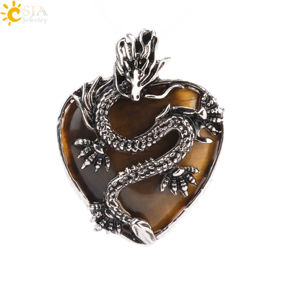 CSJA Double Dragon Necklace – Natural Stone Heart Crystal Pendant Amulet for Men & Women | Halloween Jewelry Gift H238 - Image 9