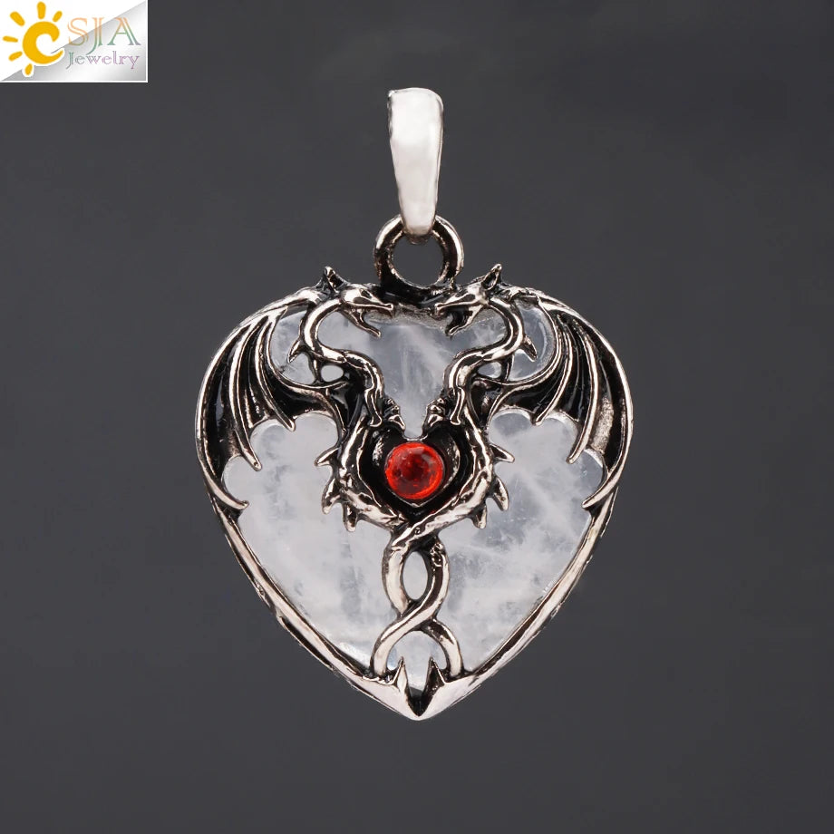 CSJA Double Dragon Necklace – Natural Stone Heart Crystal Pendant Amulet for Men & Women | Halloween Jewelry Gift H238 - Image 37