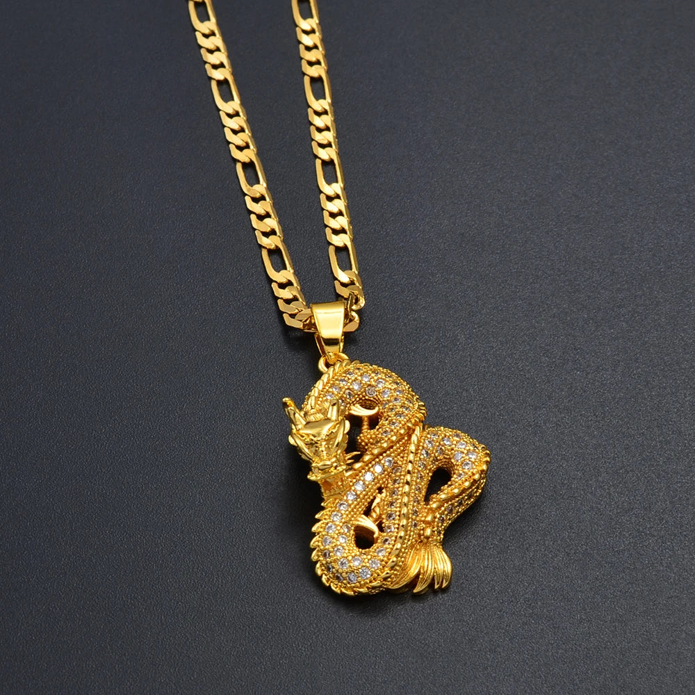 Anniyo Dragon Pendant Necklace – Gold Color Jewelry with Cubic Zirconia for Women & Men - Image 5