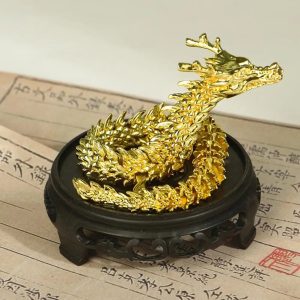 3D Printed Chinese Dragon Figurine with Movable Joints – Golden Loong Articulated Model & Desktop Ornament
