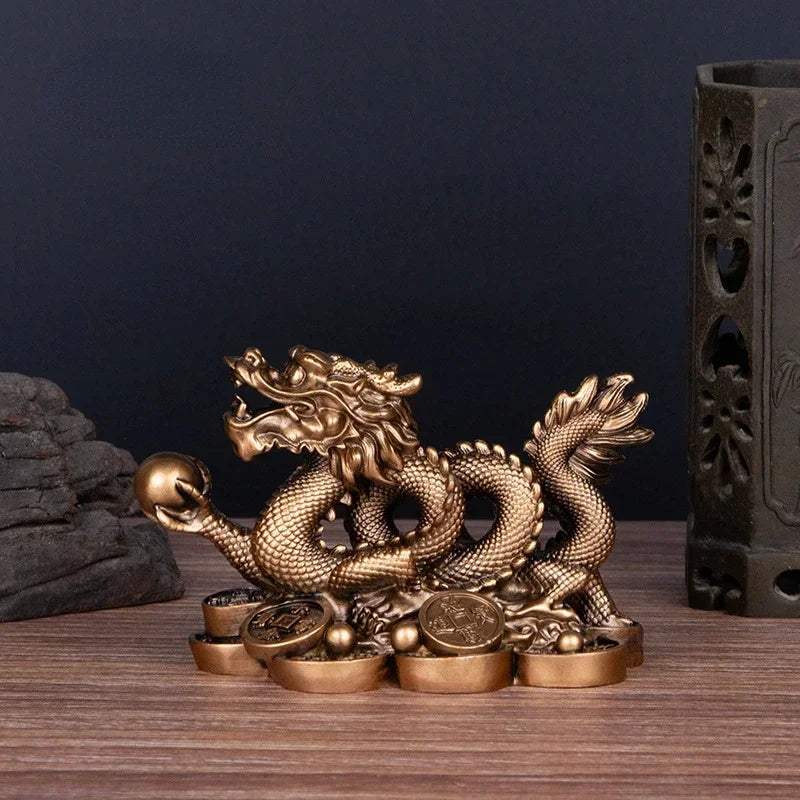 Chinese Auspicious Money Dragon Statuette – Resin Feng Shui Sculpture for Home & Office Decoration