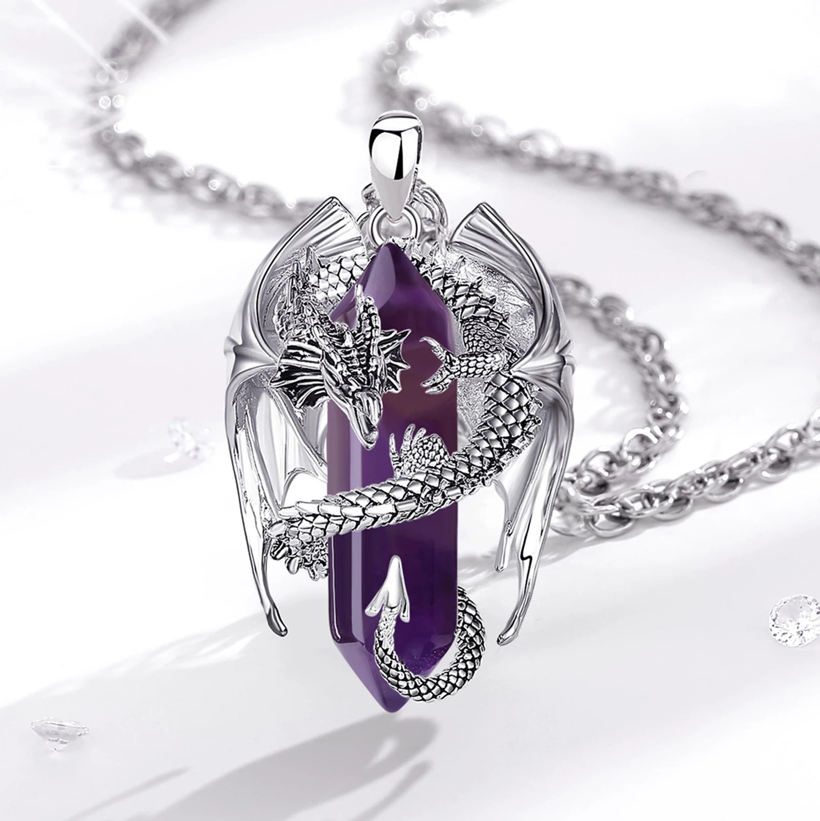 Eudora Dragon Twining Hexagonal Amethyst Necklace – Punk Healing Stone Pendant Jewelry Gift for Men - Image 4