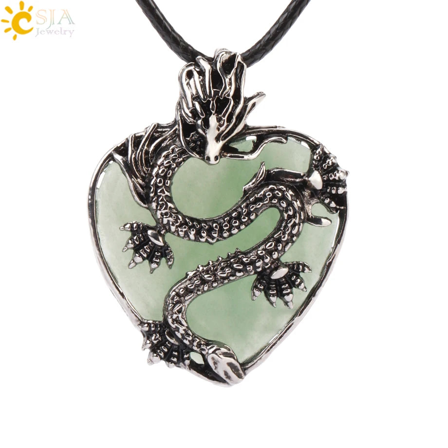 CSJA Double Dragon Necklace – Natural Stone Heart Crystal Pendant Amulet for Men & Women | Halloween Jewelry Gift H238 - Image 8