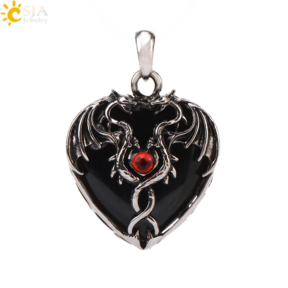 CSJA Double Dragon Necklace – Natural Stone Heart Crystal Pendant Amulet for Men & Women | Halloween Jewelry Gift H238 - Image 41