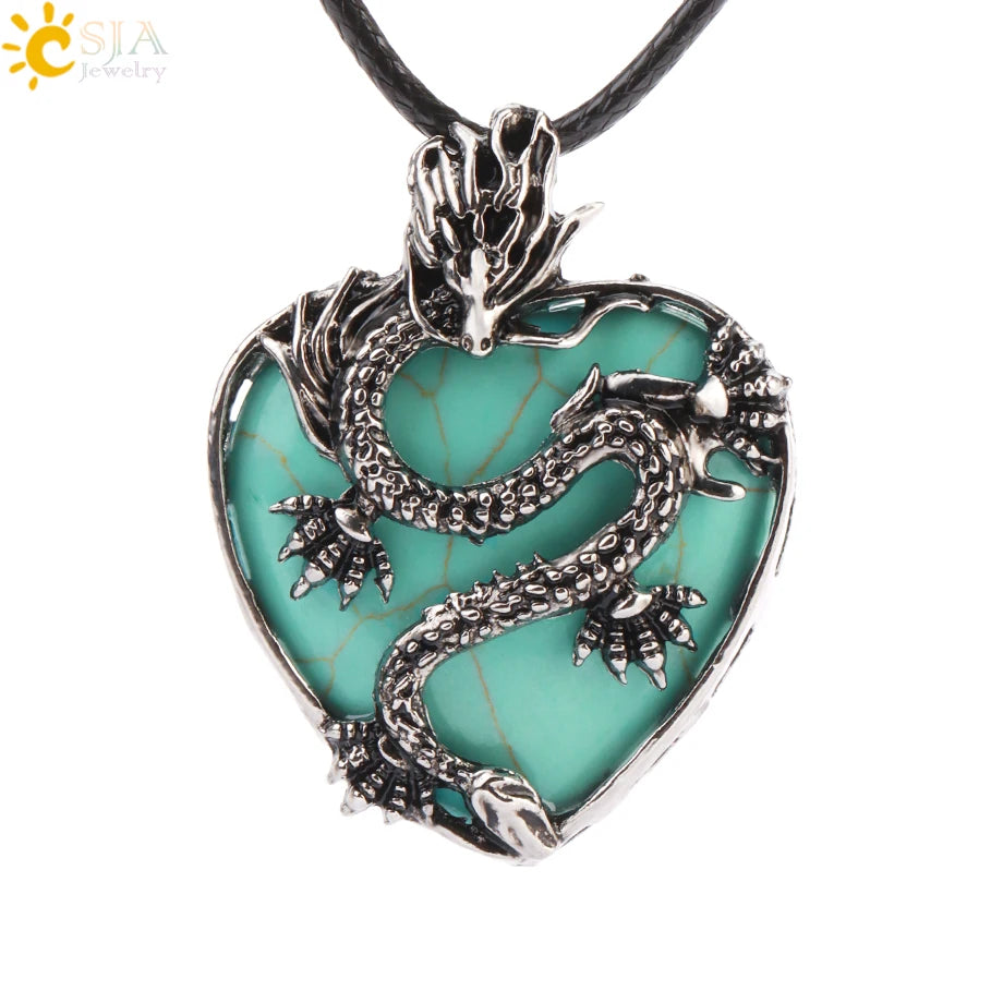 CSJA Double Dragon Necklace – Natural Stone Heart Crystal Pendant Amulet for Men & Women | Halloween Jewelry Gift H238 - Image 30