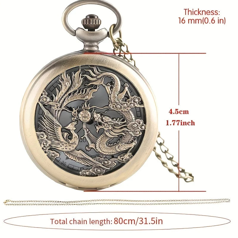 Antique Double Dragons Playing with Beads Pattern Quartz Pocket Watch – Vintage Necklace Chain Gift for Men, Women & Kids - Image 5