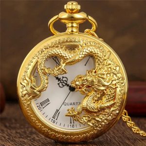 Classic Vintage Pocket Watch – Hollow Carved Chinese Dragon with Roman Numerals Dial Necklace Gift